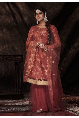 Orange soft net sequence sharara suit 14002