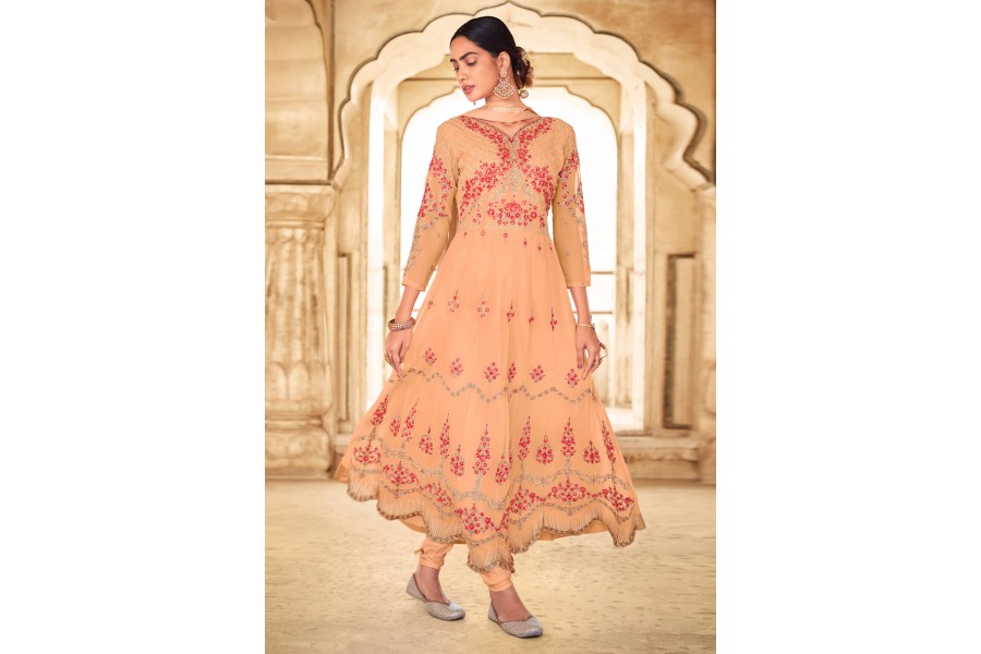 Peach Faux Georgette Fabric Maxi