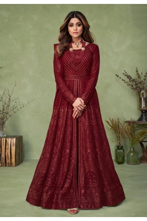 Shamita shetty maroon georgette embroidered center slit anarkali suit 9145