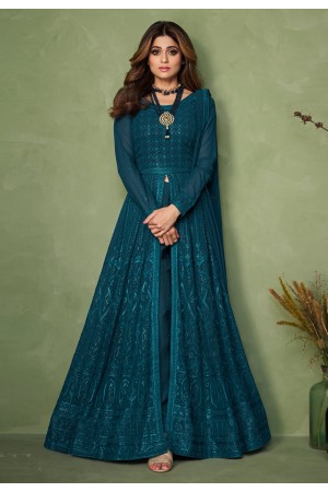 Shamita shetty teal georgette indo western lehenga choli 9144