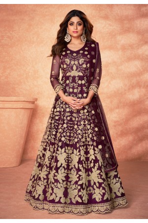 Shamita shetty wine net abaya style anarkali suit 9180