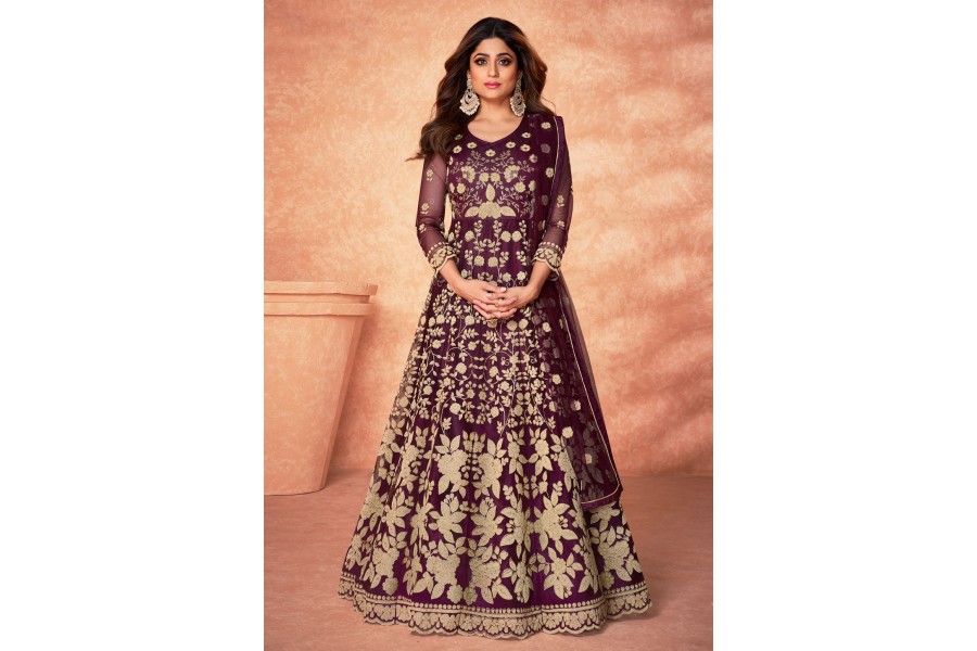 Shamita Shetty Wine Embroidered Anarkali Suit