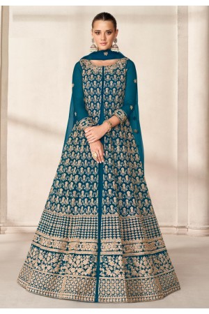 Teal net embroidered center slit anarkali suit 9202