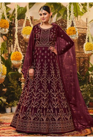 Wine net abaya style anarkali suit 3201