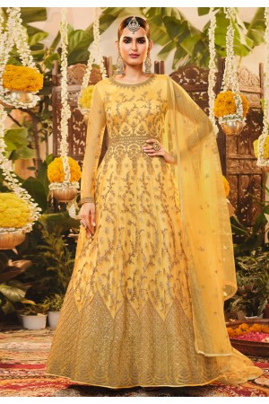 Yellow net abaya style anarkali suit 3206