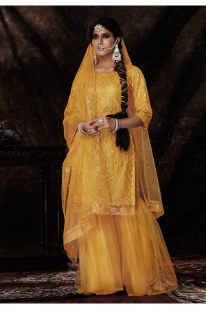 Yellow soft net sequence sharara suit 14007