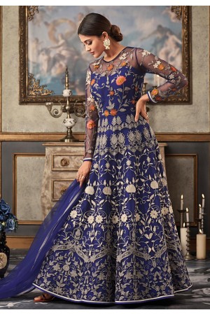 blue net ankle length anarkali suit 15030