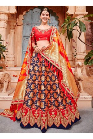Blue and red Banarasi silk wedding lehenga choli
