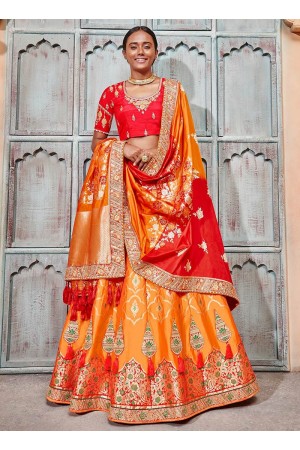 Orange and red Banarasi silk wedding lehenga choli