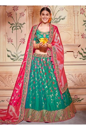 Rama green and pink Banarasi silk wedding lehenga choli