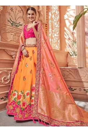 Yellow and pink Banarasi silk wedding lehenga choli