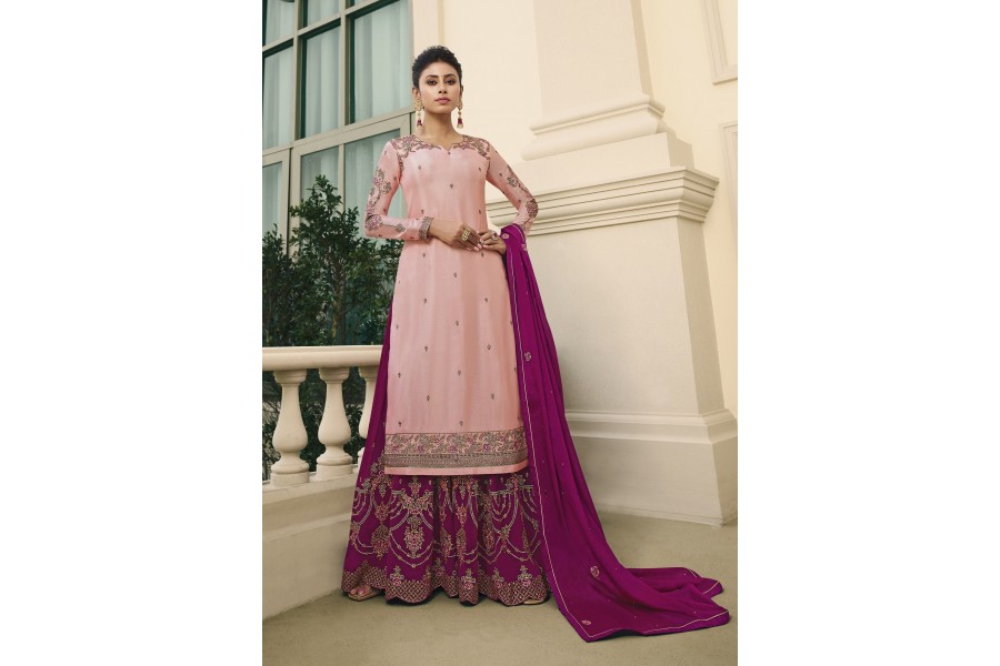 Amazing Pink & Purple Chinnon Silk Wedding Festive Palazzo Suit
