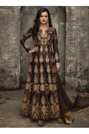 Dia mirza brown mulberry silk party wear anarkali 1004