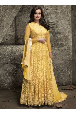 Dia mirza yellow net party wear anarkali 1003