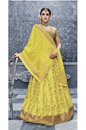 Party Wear Pure banarsi silk Yellow Lehenga 25004