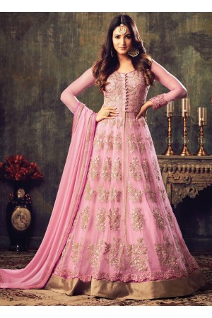 Sonal chauhan pink color net party wear anarkali suit 4708