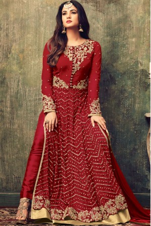 Sonal chauhan red color net party wear anarkali suit 4707