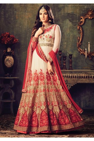 Sonal chauhan white georgette party wear anarkali suit 4706