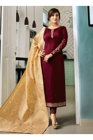 Ayesha Takia Maroon color satin georgette straight cut Indian wedding salwar kameez 22126