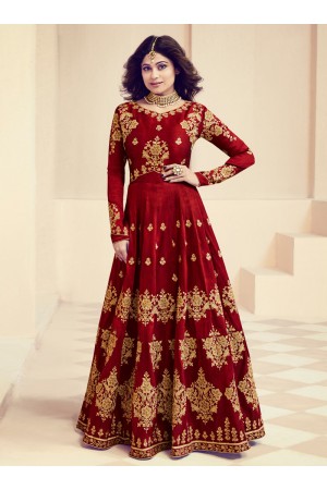 Shamita Shetty Maroon Color Indian Wedding anarkali 8012