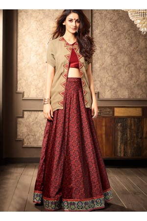 Beige and maroon viscous georgette and silk wedding lehenga