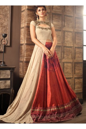 Beige and maroon silk digital wedding lehenga choli