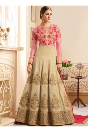 Beige and pink mulberry silk wedding anarkali