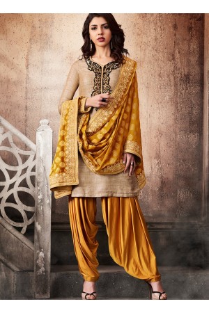 Beige and mustard color khadi silk wedding anarkali