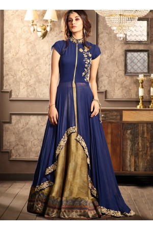 Blue and beige dsilk digital wedding lehenga choli