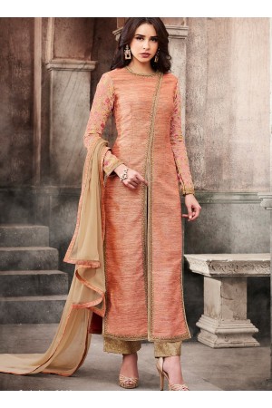 Peach color slub silk wedding straight cut kameez