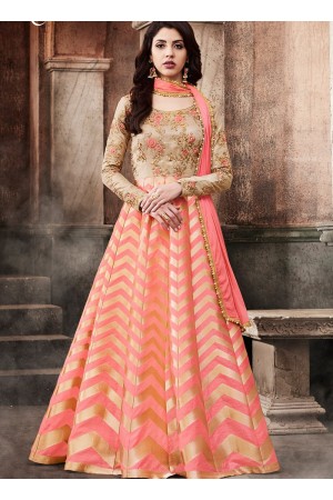 Peach and beige dhupion and brocade wedding anarkali