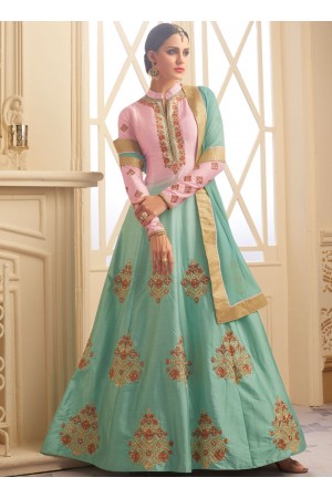 Pista green and pink south chennai silk wedding anarkali