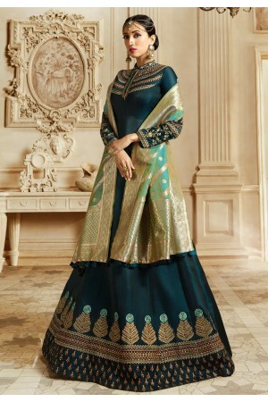 Cyan Blue barfi silk Indian Wedding anarkali