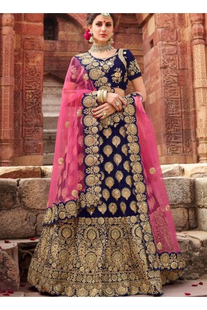 Royal blue satin silk and net wedding lehenga