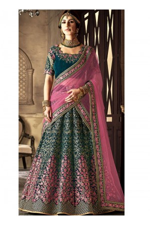 Rama Green and Pink velvet and net wedding lehenga