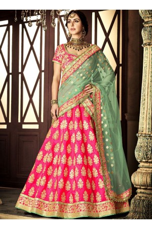 Pink and green dhupion silk wedding lehenga