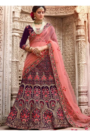 Purple color satin silk and net wedding lehenga