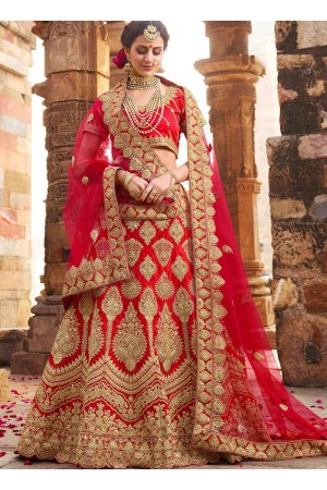 Red color satin silk and net wedding lehenga