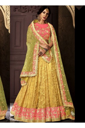 Yellow and  pink net wedding lehenga