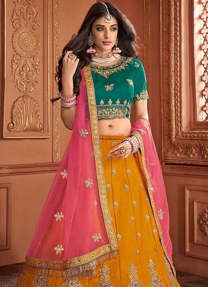 Amazin Mustard Yellow, Dark Green Raw Silk, Taffeta Silk Embroidered  Wedding Lehenga Choli at Rs 8740 | शादी का लहंगा in Surat | ID: 19230294173