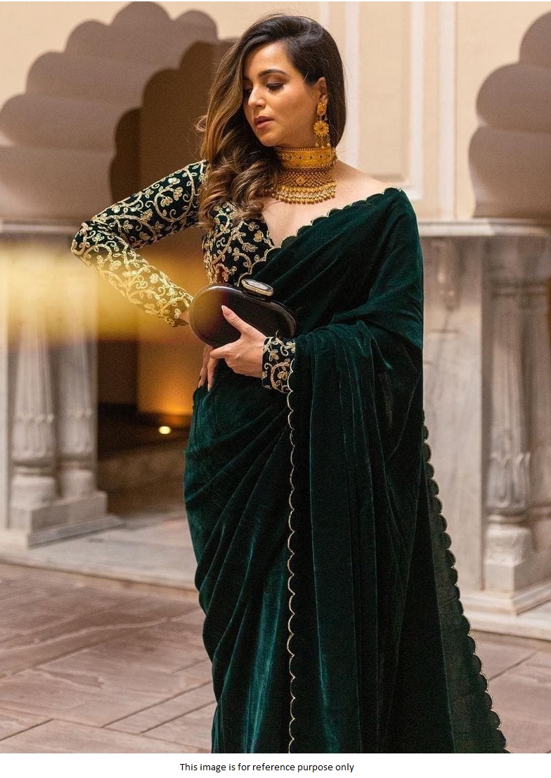 Buy Bollywood model Green velvet designer saree in UK, USA and Canada
