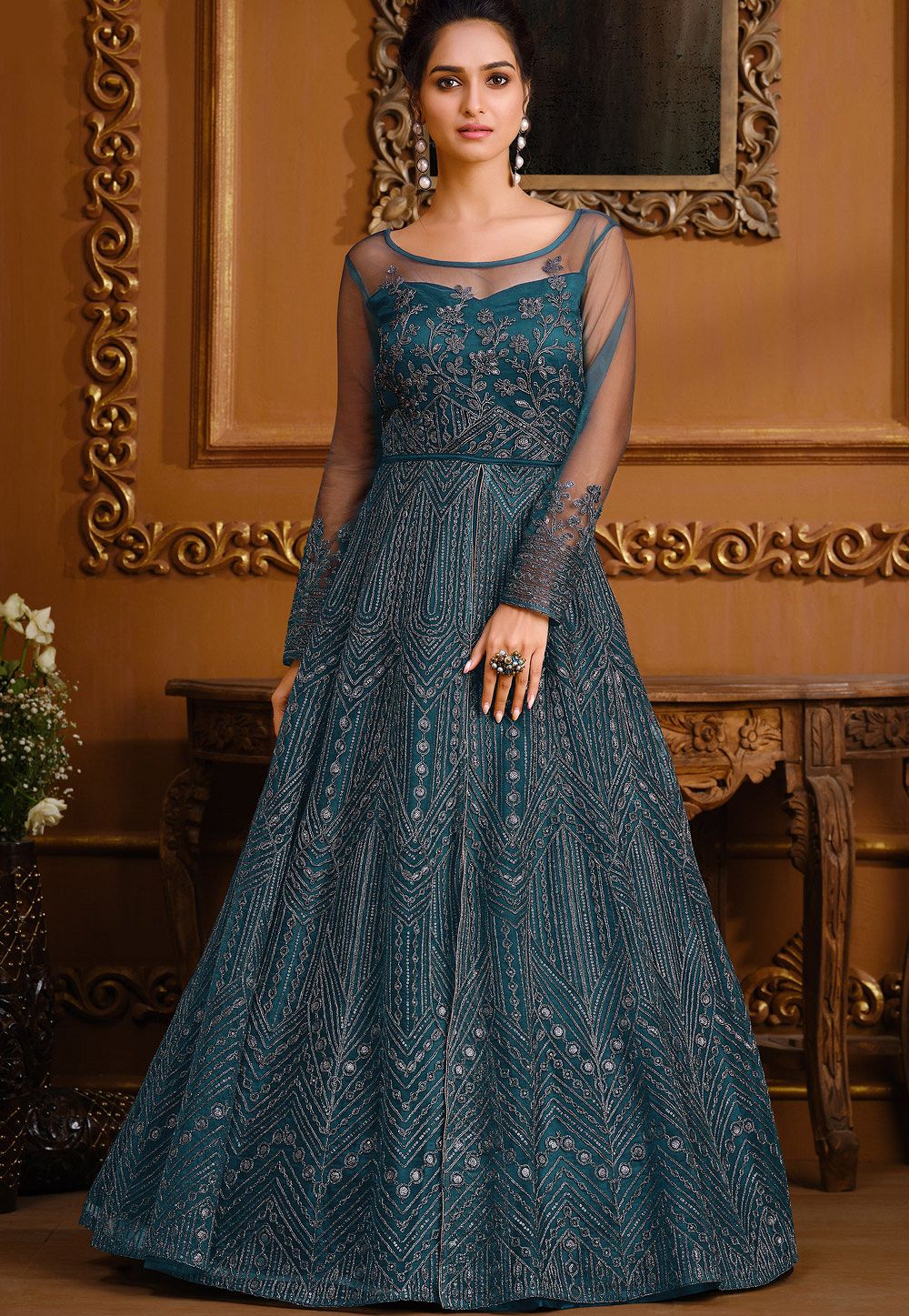 blue net embroidered front slit floor length anarkali suit 4736