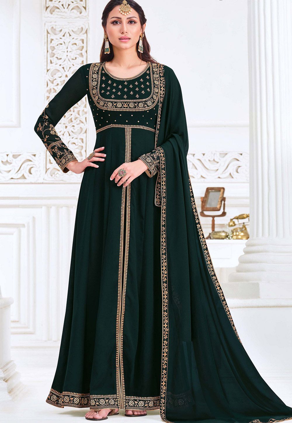 Buy Bottle Green Embroidery Work Premium Silk Anarkali Suit Online