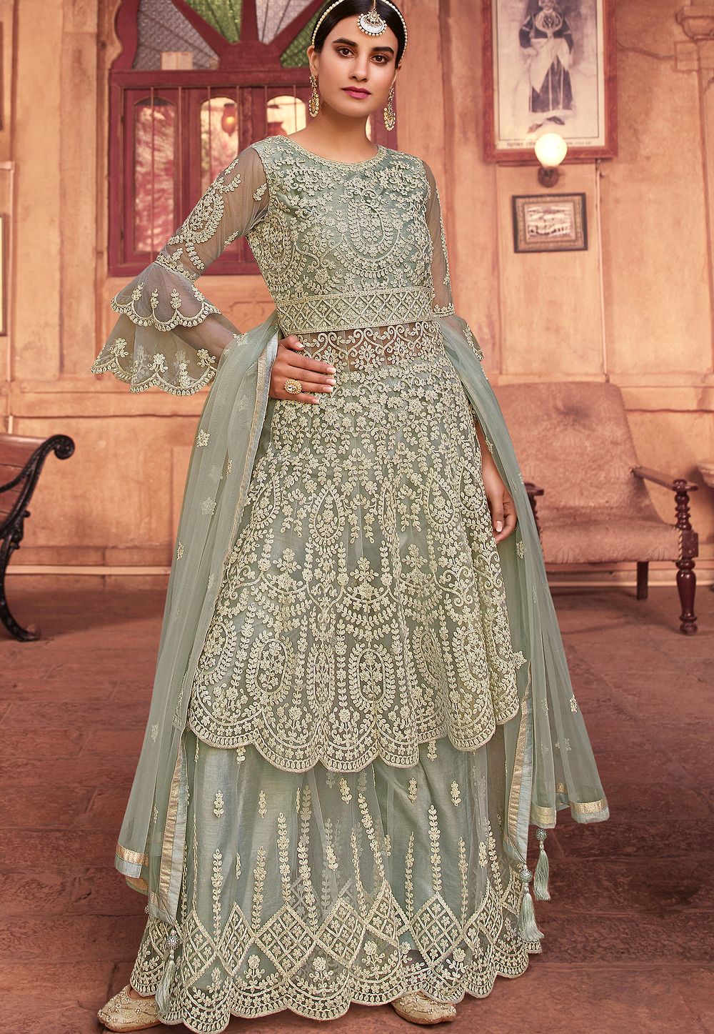 Pale Green Heavy Designer Work Pakistani Style Palazzo Suit - Indian Heavy  Anarkali Lehenga Gowns Sharara Sarees Pakistani Dresses in  USA/UK/Canada/UAE - IndiaBoulevard