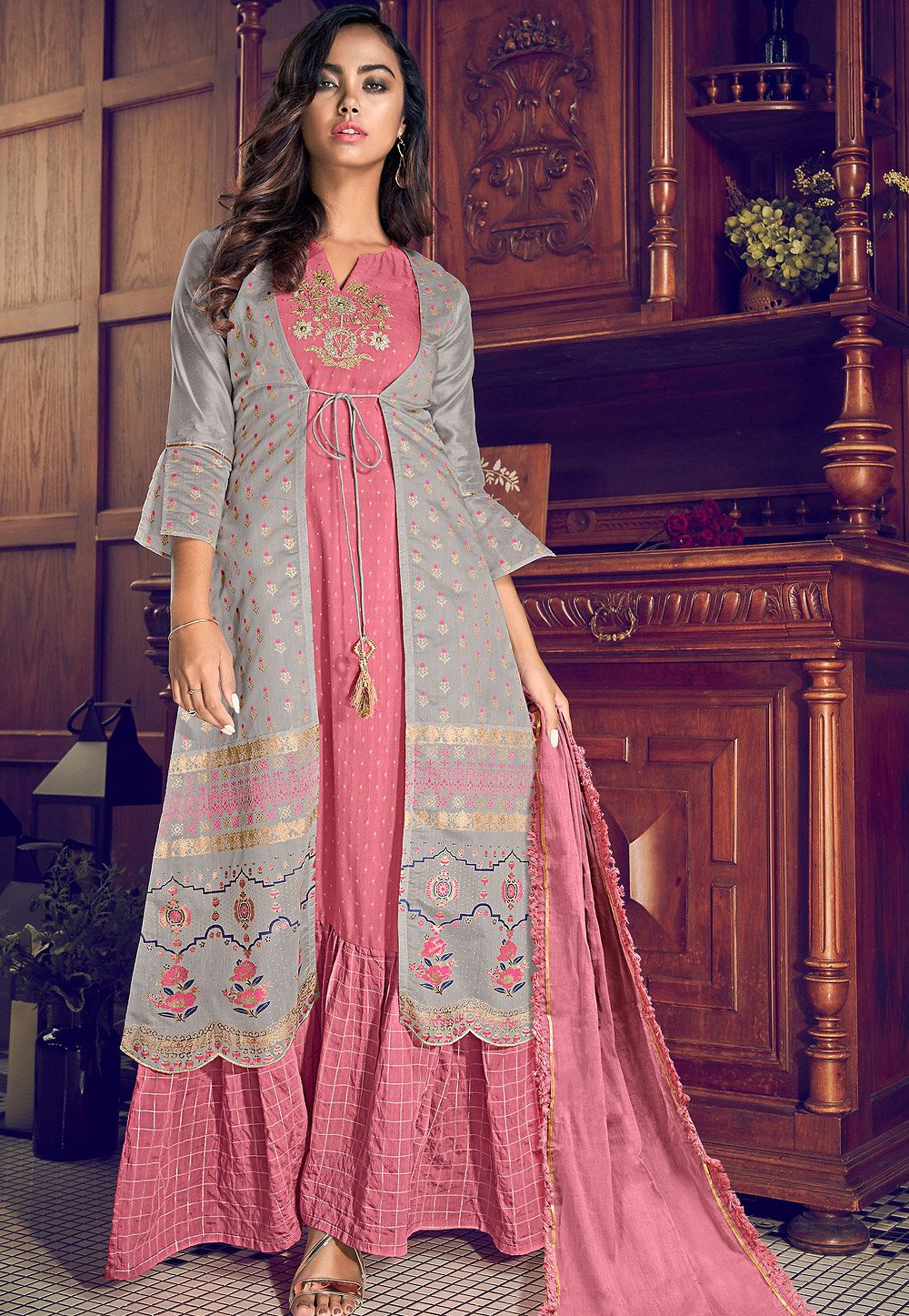 pink georgette embroidered straight trouser suit 18092