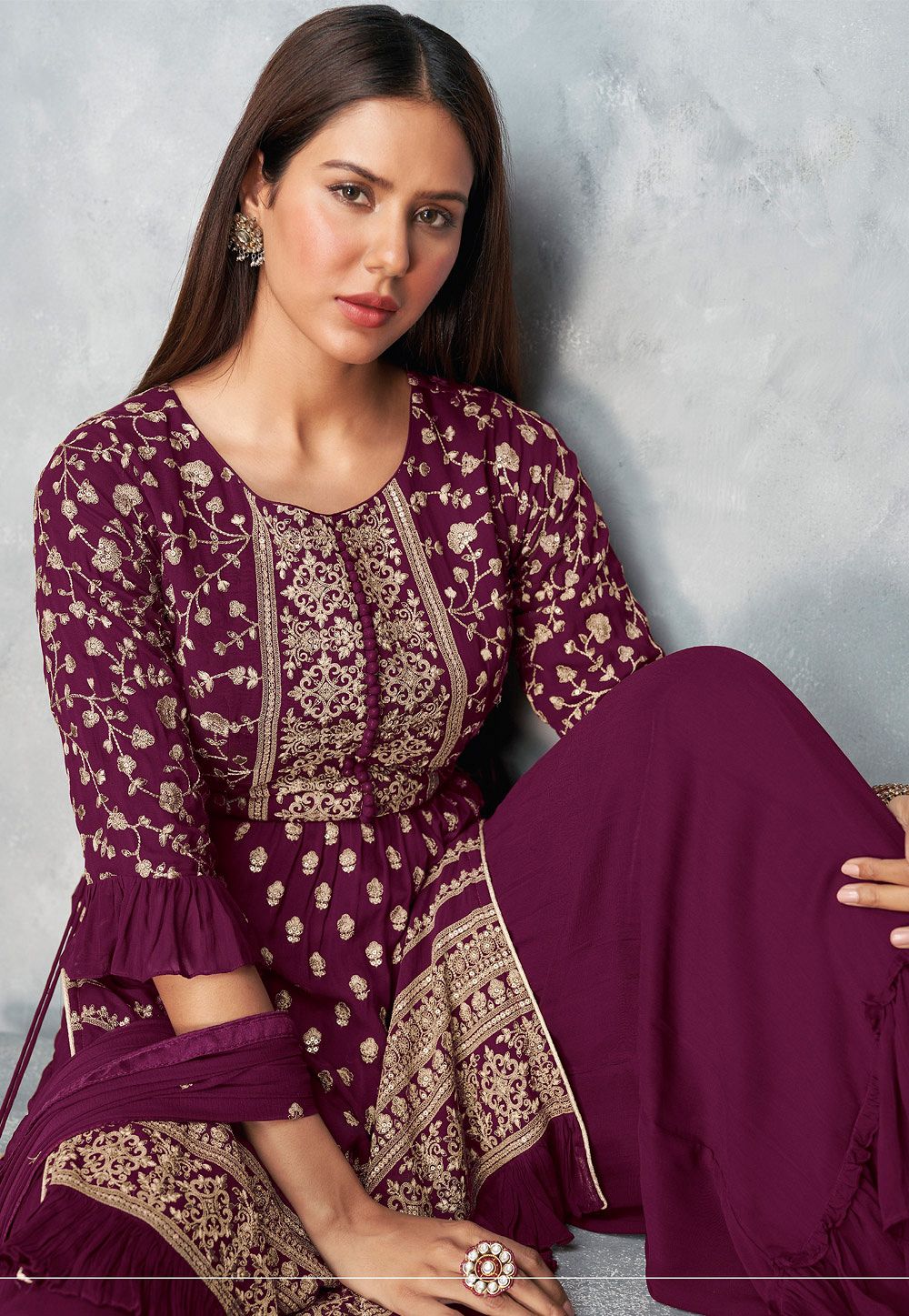 purple georgette embroidered sharara suit 8583