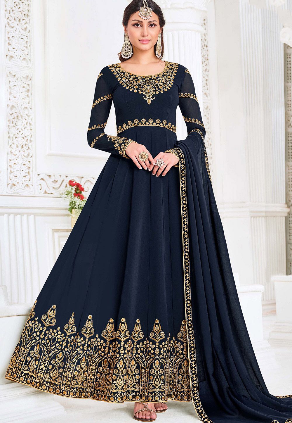 Royal Blue Chikankari Anarkali Suit Set