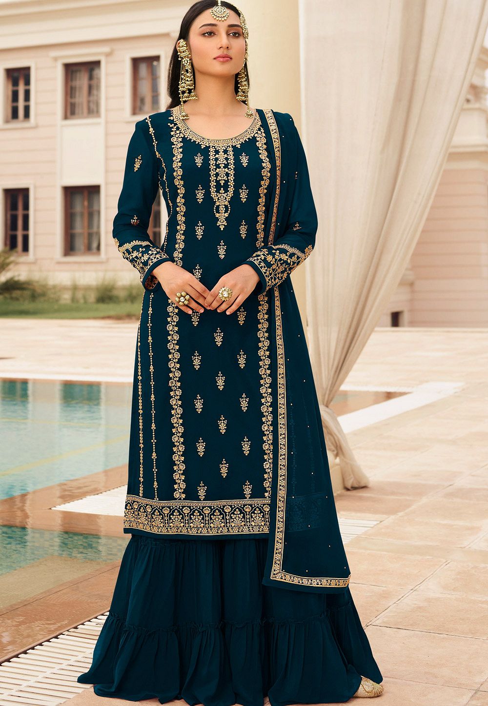 Embroidered Georgette Pakistani Suit in Navy Blue : KCH6388