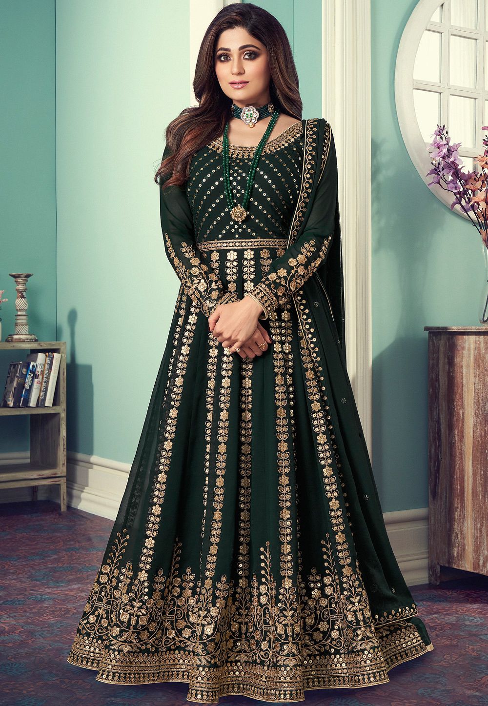 Buy Bottle Green Georgette Anarkali Suit With Resham And Sequins Embroidery  Along with Mughal Motifs KALKI Fashion India