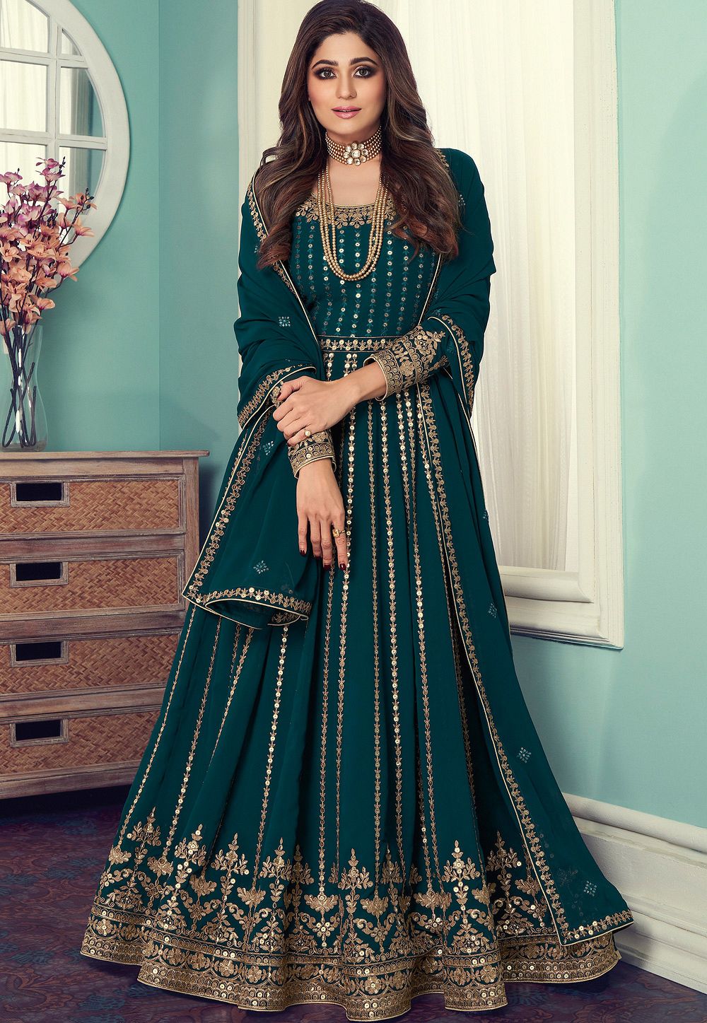 shamitta shetty turquoise georgette embroidered anarkali suit 8545